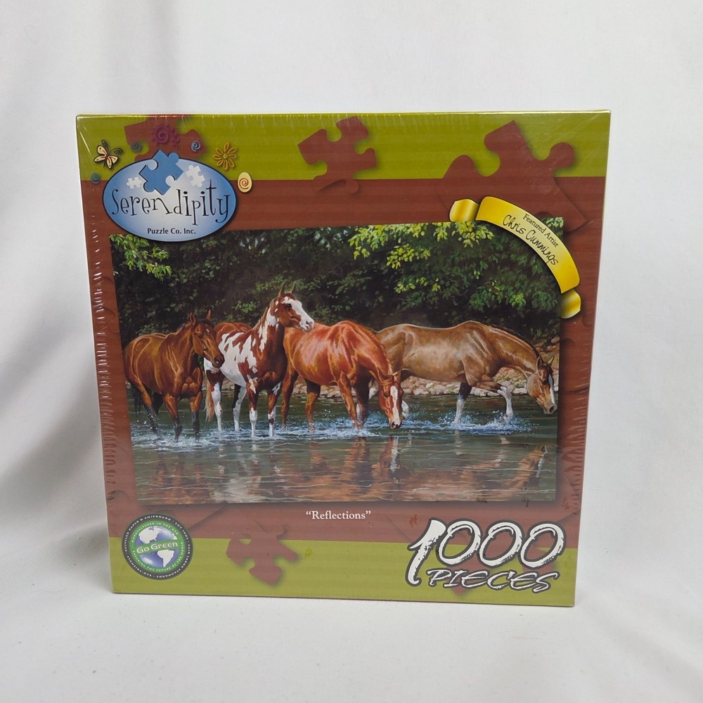 New Sealed‎ Serendipity "Reflections" 1000 pc Puzzle Horses in Lake Soy Ink USA